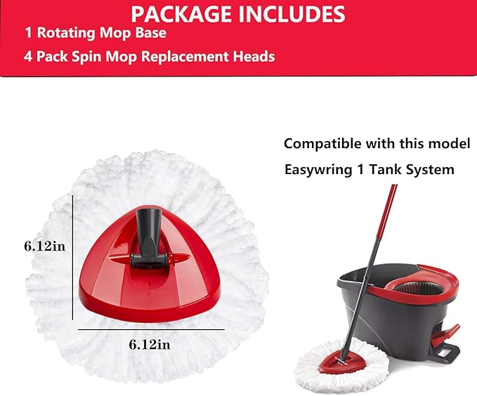Spin Mop Replacement Set - 4 Microfiber Heads, Base, 30-58'' Handle Compatible with OCedar EasyWring - White (1 Can System)