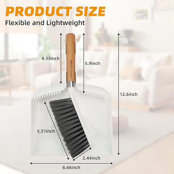 Small Broom and Dustpan Set, Multipurpose Dustpan and Brush Set with Wood Handle Teeth,13 x 8.7 inch, Hangable Portable Cleaning for Kitchen, Desktops, Bedroom, Pet Care, Camping, White,1 Set