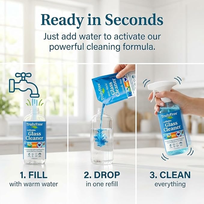 Truly Free Natural Glass Cleaner - Removes Dirt & Debris for Sparkling Clean Windows & Glass Surfaces at Home, Office & Garage, Includes: 1 Refillable Empty Bottle (16oz) & 2 Refills (3oz ea)