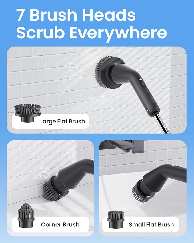 Leebein Electric Spin Scrubber, Cordless Cleaning Brush for Bathroom Shower Tub, IPX7 Waterproof Power Scrubber with 7 Brush Heads, Extendable Long Handle and 2 Speeds Scrubber for Bathtub Floor