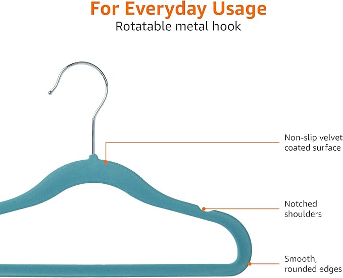 Amazon Basics Kids Velvet, Non-Slip Clothes Hangers for Infant and Toddler, 11.6 inches (for Baby Clothes), 50 Count, Blue (Pack of 4)