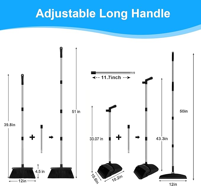 Broom with Dustpan Combo Set and Silicone Air Broom Kit, 51" Long Handle Floor Squeegee, Black Household Kit for Glass Window Rugs Pet Hair Home