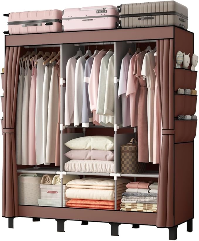 Portable Closet, 51.18" Large Capacity Clothing Storage Organizer with 3 Hanging Rods 6 Shelves 18 Side Pockets, Dustproof Sturdy Wardrobe for Bedroom Dorm Rental Apartment (Coffee, Large)