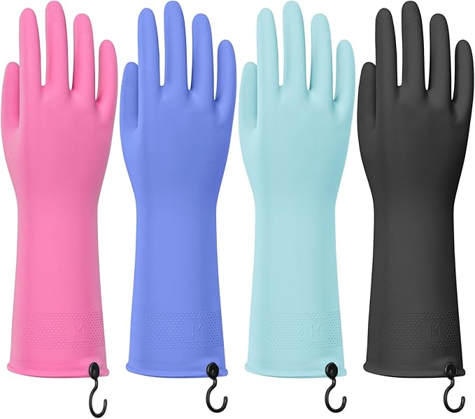 4 Pairs Rubber Dishwashing Gloves with Hanging Hooks - Reusable Cleaning Gloves for Kitchen & Household, Non-Slip, Durable and Flexible (Large, 4 Colors)