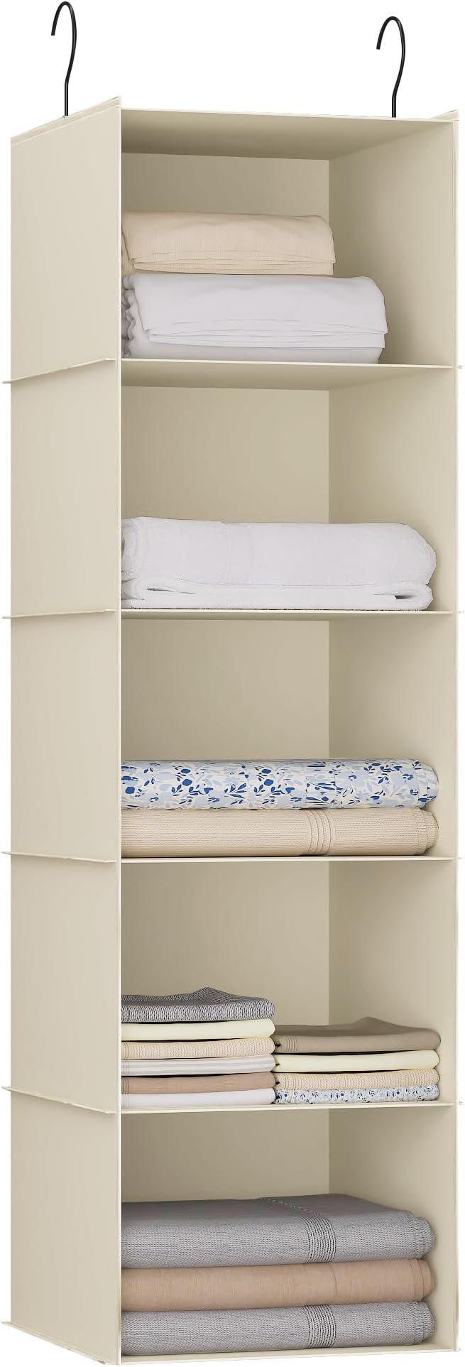 Hanging Closet Organizer, Easy Mount Foldable 5-Shelf Hanging Closet Wardrobe Storage Shelves, Clothes Handbag Shoes Accessories Storage, Washable Oxford Cloth Fabric, Beige