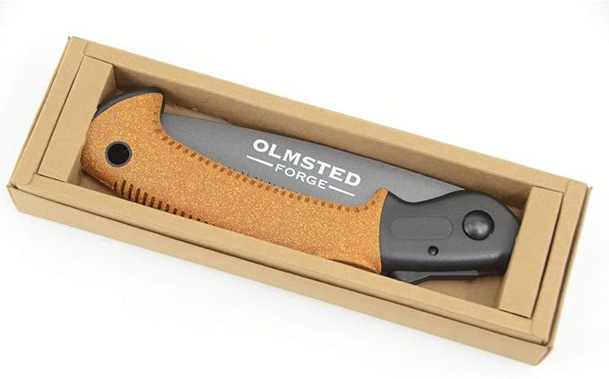 OLMSTED FORGE Hand Saw with 7 Inch Folding Blade and Push Button Lock - Portable Saw for Camping, Hiking, Hunting, Pruning, Tree Trimming, Cutting Branches