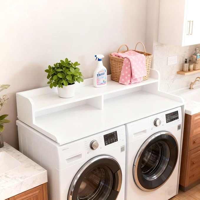 NAT Maya 2-Tier Washer and Dryer Countertop, 54" W x 27.6" D Laundry Room Organization,Washer Dryer Topper Storage for Folding Clothes Over Washer and Dryer-White