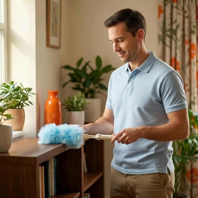 60-Pack Dusting Mop Refill Set, Disposable Power Dusting Duster Compatible with Swiffer. Includes 1 Handle and 3-Foot Extension Pole, Ideal for Cleaning Furniture, Bookshelves, and Ceiling Fans.