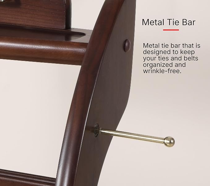 Proman Products Windsor Suit Valet Stand VL16001 with Top Tray, Contour Hanger, Trouser Bar, Tie & Belt Hooks and Shoe Rack, 17"W x 14"D x 40"H, Dark Walnut