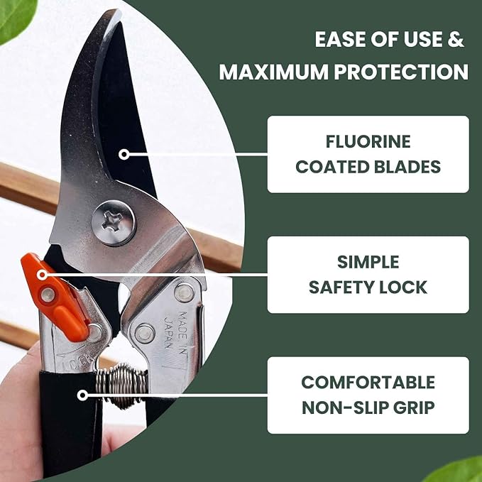 Saboten Japanese Bypass Pruning Shears 7.9 in, Fluorine-Coated Blade Wipes Clean, Rust & Sap Resistant, Ergonomic Non-Slip Grip, Duracon Safety Lock, 20mm Cut Capacity, Made in Japan Garden Clippers