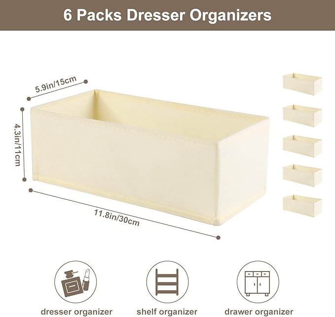 6 Pack Dresser Organizers - Drawer Organizers for Clothing & Baby, Woven-Fabric Storage Drawers (Beige