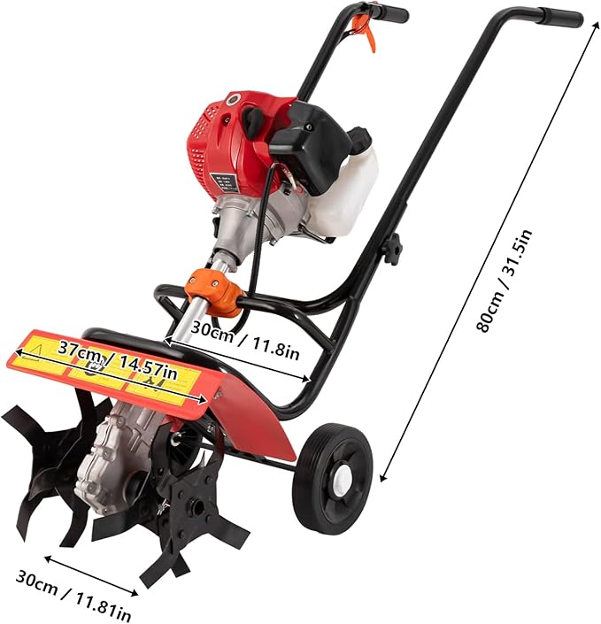 Gas Powered Tiller 52CC 2 Stroke Commercial Heavy Duty Tiller 1.9KW Hand Rotary Cultivator Rototiller Garden Tool with Long Handle for Soil Cultivation
