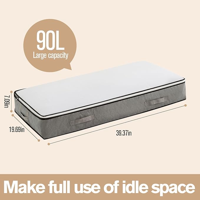 90L Under Bed Storage Containers, Foldable Grey Underbed Storage Bags - Closet Organizers and Storage Bins for Wrapping Paper, Blanket, Clothing, Comforter, Sweaters, Pillows, Linen Sheets
