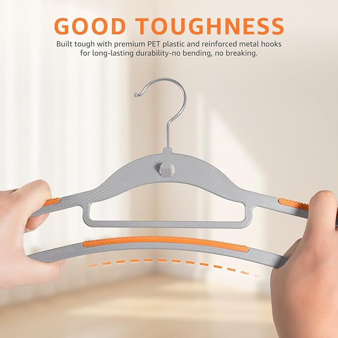 Yolife Cascading Plastic Clothes Hangers 10 Pack with Inner Hook for Vertical Storage, Slim Space Saving Hangers with Non-Slip Pads, 360° Swivel Metal Hook, Versatile, Gray & Orange