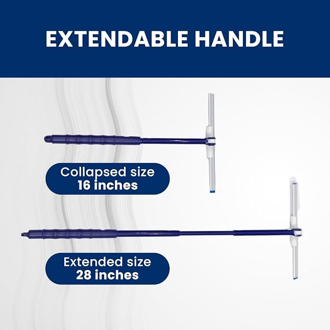 Extendable Shower Squeegee with 180-Degree Rotating Blade for Push/Pull Use – Ergonomic Cleaning Tool for Showers, Glass Doors, and Windows – 16'' to 28'' Handle for Strain-Free Cleaning