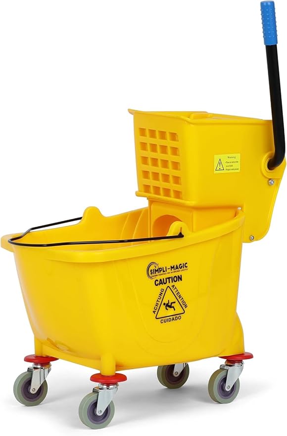 Simpli-Magic Commercial Mop Bucket with Side Press Wringer, 26 Quart – 50,000 Cycles Wringer – Industrial Mop Bucket with Wheels, Yellow
