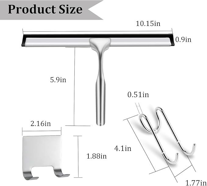 10-Inch Shower Squeegee for Glass Doors, Stainless Steel Shower Squeegee with Shower Door Hook & Adhesive Hook, Multi-Purpose Bathroom Squeegee for Glass, Door, Mirror and Window (Silver)