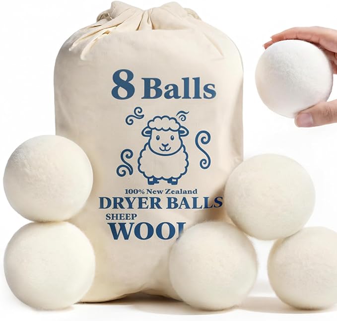 Wool Dryer Balls, New Zealand Dryer Balls Laundry Reusable Reduce Static Cling, Dryer Ball to Reduce Wrinkles & Shorten Drying Time, Drying Balls Fabric Softener Ball for Laundry（Pack of 8 L)