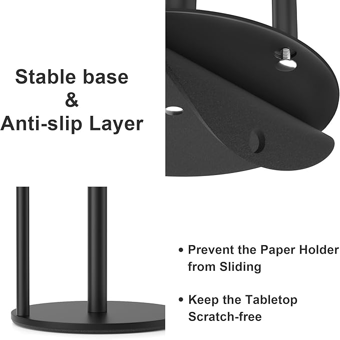 Paper Towel Holder Black, Premium Stainless Steel Kitchen Roll Dispenser, Countertop Roll Organizer with Weighted Base