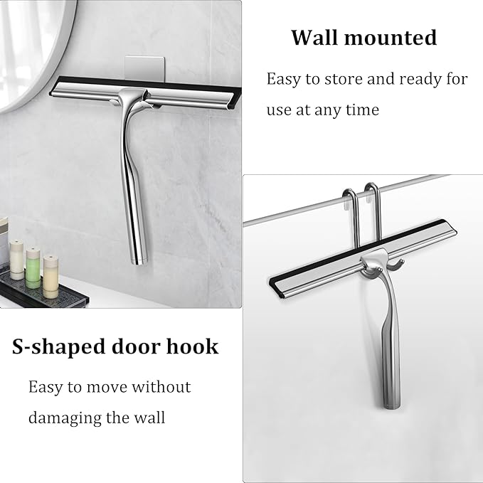 10-Inch Shower Squeegee for Glass Doors, Stainless Steel Shower Squeegee with Shower Door Hook & Adhesive Hook, Multi-Purpose Bathroom Squeegee for Glass, Door, Mirror and Window (Silver)