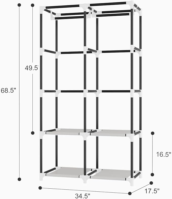 Portable Closet for Hanging Clothes, Portable Wardrobe Closet with Cover, 4 Storage Shelves, 2 Hanging Rods and 8 Side Pockets, Easy Assembly and Sturdy Free Standing Closet for Bedroom, White
