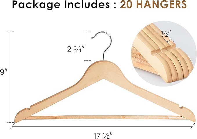 StorageWorks Wooden Hangers 20 Pack, Wood Coat Hangers for Closet, Heavy Duty Clothes Hangers for Suits, Shirts, Pants, Jackets, Natural Wood Color