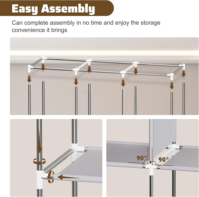 BAOKALER Portable Closet, Portable Closets for Hanging Clothes with 3 Hanging Rods and 6 Storage Shelves, Non-Woven Fabric Cover, Black Wardrobe Closet Easy to Assemble and Strong and Stable