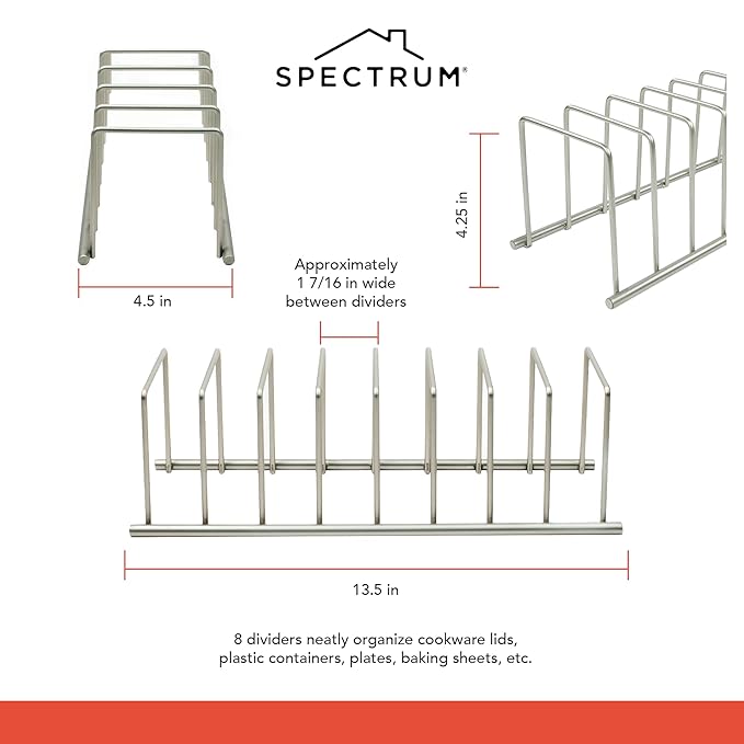 Spectrum Euro Kitchen Organizer Metal Dish Rack Cutting Board Holder Stand for Countertop or Inside Cabinet Organization, 8 Slot Cutting Board Plate Drying Rack for Bakeware Storage, Satin Nickel
