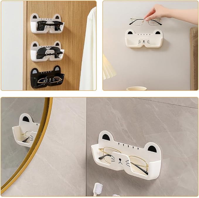 SEWACC 2pcs Cat Design Wall-Mounted Glasses Organizer Plastic Eyewear Storage Box with Hanging Holder for Sunglasses and Eyeglasses in Black and White, Suitable for Bedroom and Bathroom