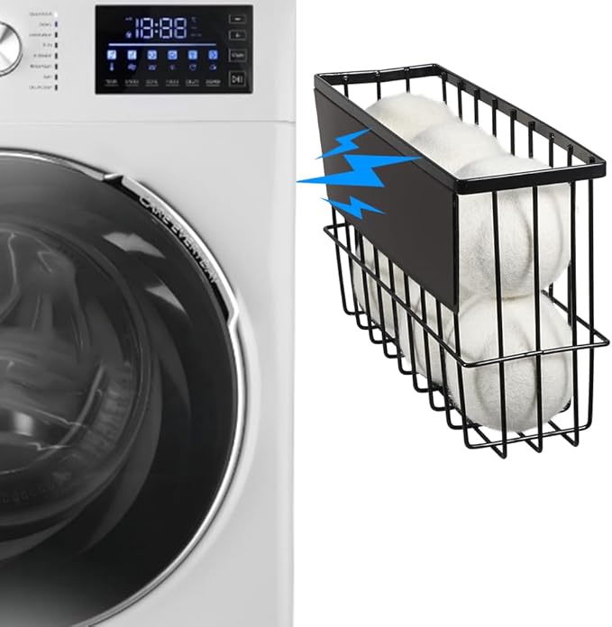 Picowe Large Dryer Ball Organizer Magnetic Storage Bin, Magnetic Basket Dryer Ball Holder for Laundry Room Organization and Storage to Hold 6 Dryer Balls, Without Balls ( Black, L )
