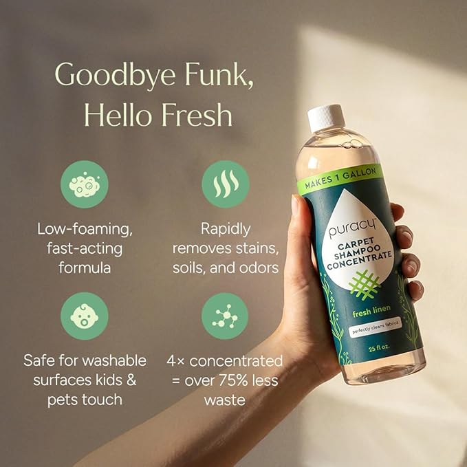 Puracy Carpet Shampoo – Plant Based Cleaner Solution for Shampooer, Pet Stain and Odor Remover, Low Foam Concentrate, Rug and Upholstery Care, Fresh Linen, 25oz