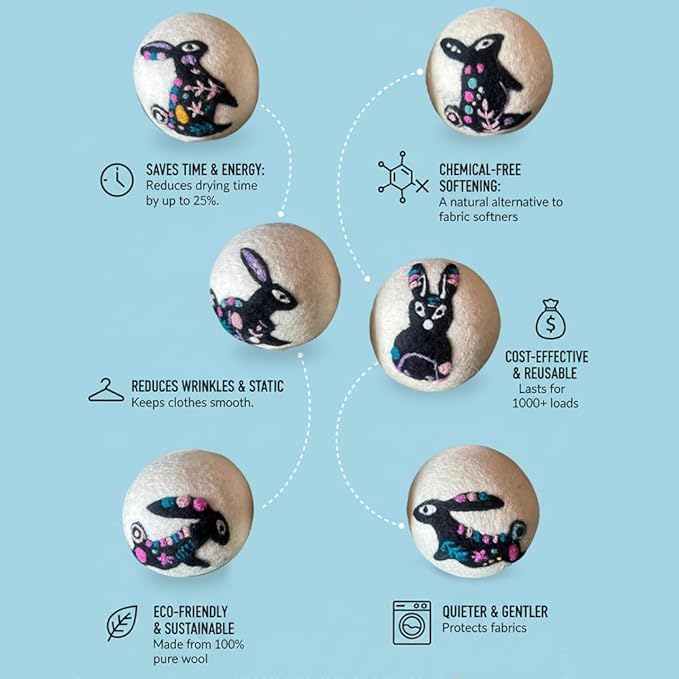 Ezhippie Quality Wool Dryer Balls - 6 XL Rabbit Pack - 1000+ Loads - Pure Organic Wool - Reusable Natural Fabric Softener Perfect with Essential Oils, Reduce Clothing Static and Wrinkles