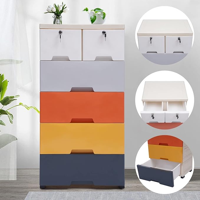 5 Tier Plastic Clothes Storage Organizer with 6 Drawers, Clothes Storage Organizer 66lbs Capacity, Tall Dresser Plastic for Storing Clothes Towels Toys and Some Other Small Items