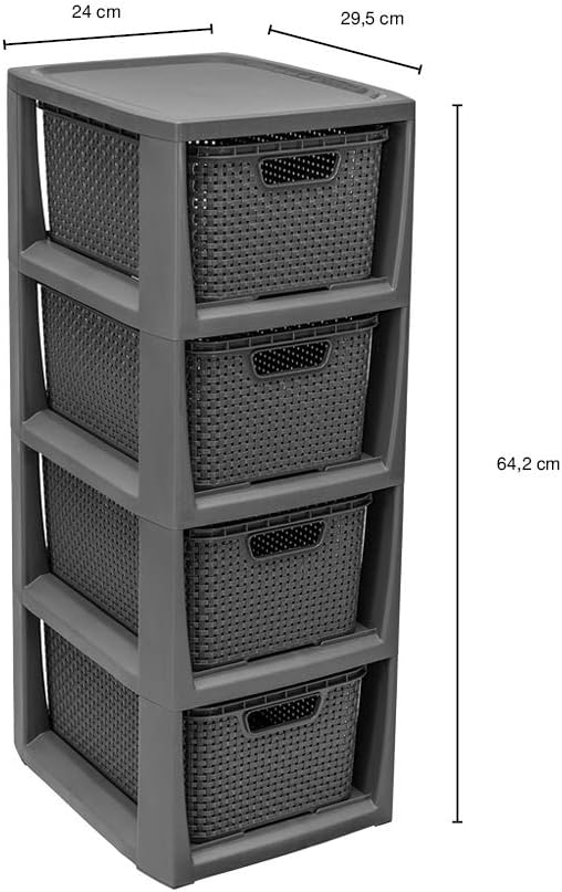 BranQ - Home Essential Rattan Design Shelving Unit Plastic, Anthracite, 29.5 x 24 x 64.2 cm