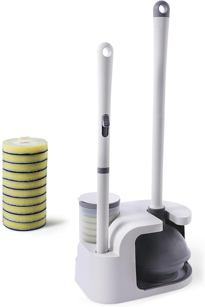 Eyliden Disposable Toilet Brush and Plunger Combo | 2-in-1 Toilet Bowl Wand Kit - 10 Count Pre-Soaked Refill Heads, 3-Step Plunger, Storage Holder - Compact Toilet Cleaning System, White