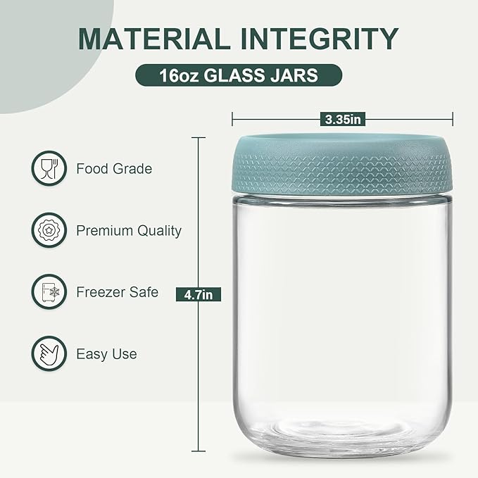 NETANY 6-pack 16oz Glass jars with Airtight Lids, Overnight Oats Containers with Lids, Wide mouth Mason Salad jars, Glass Food Storage Containers for Snacks Yogurt Spice Sugar - Green