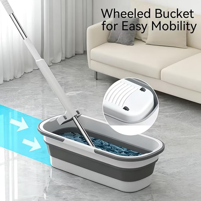Bucket with Wringer Set, 6 Piece Microfiber Flat Mop Cleaning System with Long Handle, Hands Free Floor Cleaner for Hardwood, Tile & Wall (1 Mop + 6 Microfiber Pads + 1 Bucket)