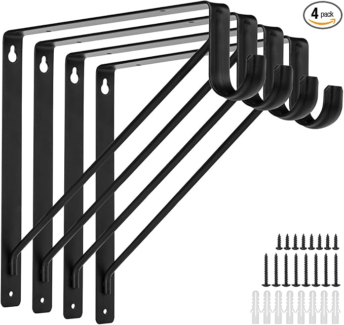 4 Pack Heavy Duty Closet Shelf and Rod Brackets 300lbs, 11 x 11 Inch Wall Mounted Closet Shelves Bracket with Rod Shelving Support, Black Closet Pole Holder Bracket with Screws