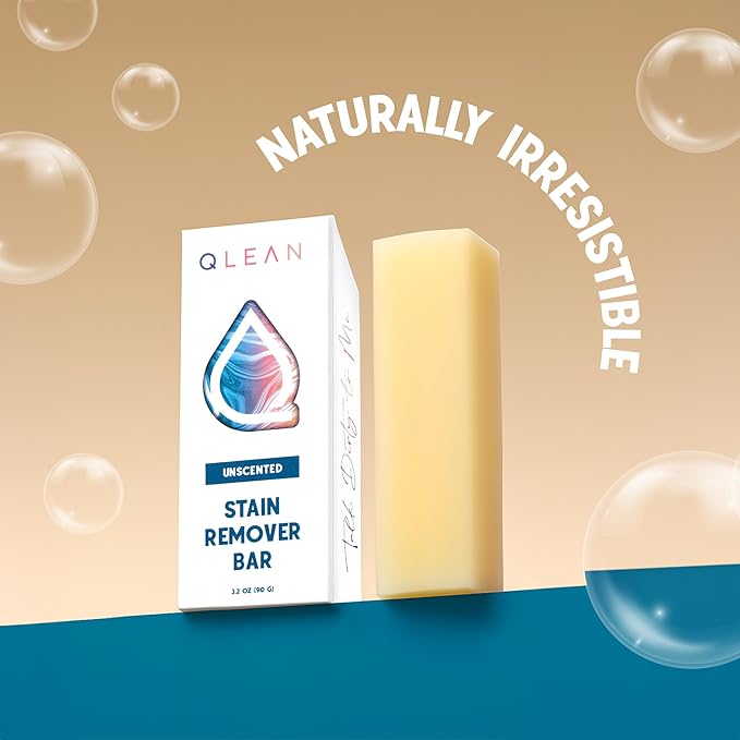 QLEAN Vegan Stain Remover Bar for Fabrics, Laundry Bar Soap for Clothes – Plant-Based, Travel-Friendly Stain Remover for Grease, Wine, Coffee, Grass & More – Non-Toxic & Safe for Delicates (1)