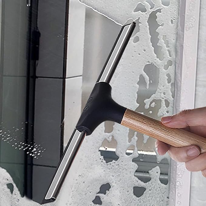 10 Inch Shower Squeegee with Wooden Handle Silicone Blade Glass Wiper for Bathroom Doors Mirrors Windows Household Cleaning Tool Water Scraper for Soap Scum Removal Home Decor