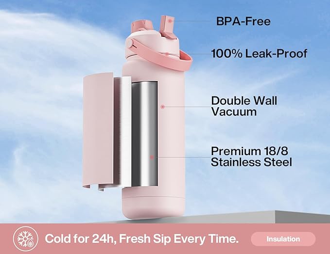 POWCAN 32 oz Insulated Water Bottle with 2-in-1 Straw and Spout Lid, Keep Cold 24H, Leak-Proof, BPA-Free, Double Wall Stainless Steel Water Bottle for Sports, Gym, Travel, Gift, Home (Rosy Bouquet)