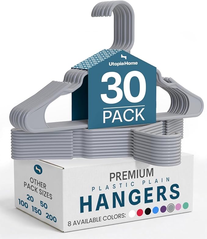 Utopia Home Plastic Hangers 30 Pack - Perfect Space Saving Clothes Hanger - Durable and Strong - Perfect Closet Organizers with Shoulder Grooves (Grey)