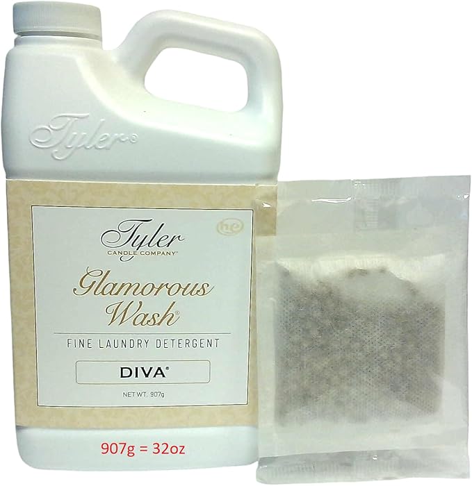 Tyler Candle Company Wash Laundry Detergent, Diva, Liquid, 32 Fl Oz HE Safe w/Dryer Sachet Pouch fh