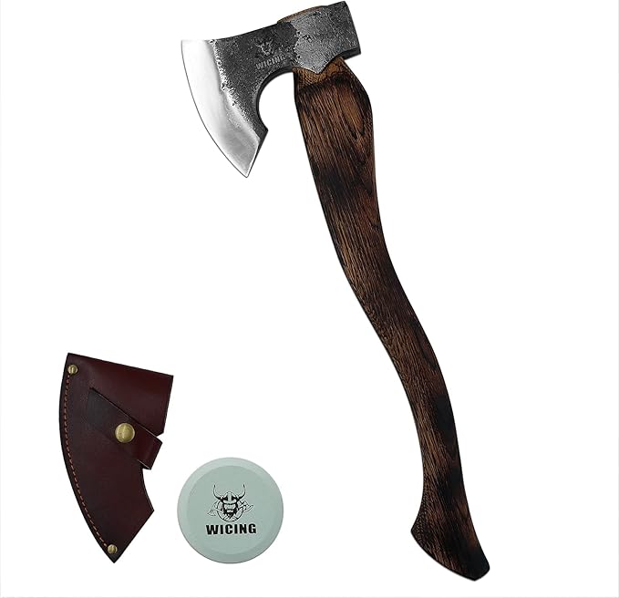 Camping Axe - 21 inches Chopping Axe for Wood Splitting and Kindling, 1055 High Carbon Steel and Beech Wooden Handle, with Leather Sheath - Head 1.5 lbs