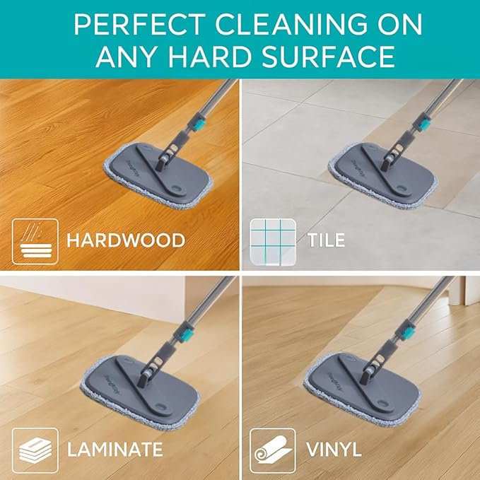 TRUE & TIDY Square Spin Mop & Bucket System – Dual Chamber for Clean & Dirty Water, 360° Rotating Self-Wringing Mop with Built-in Scrub Brush, Stainless Steel Handle & 2 Reusable Microfiber Mop Pads