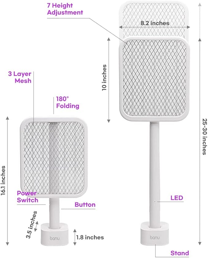 BANU Electric Fly Swatter Bug Zapper Racket, 180-Degree Folding, Adjustable 2-in-1 Mosquito Killer Lamp, Rechargeable 1200mAh Battery, 3-Layer Safety Mesh, Suitable for Indoor and Outdoor Use