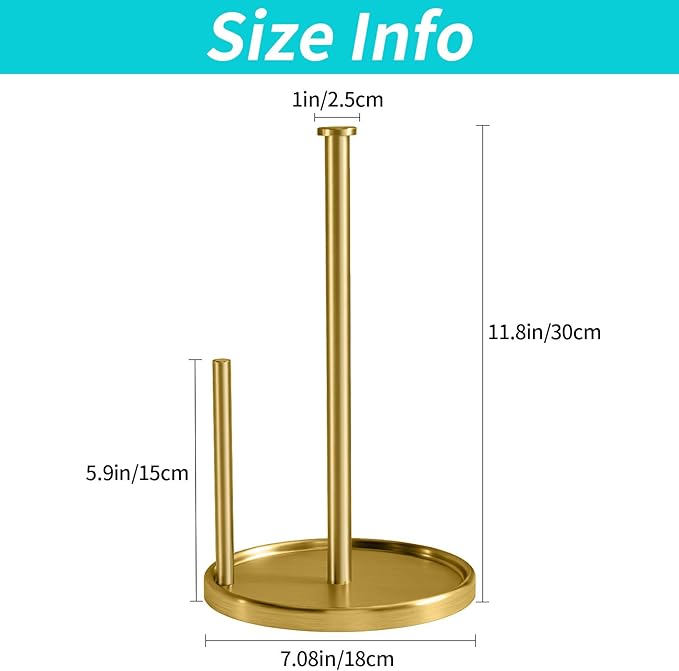 Paper Towel Holder Countertop, Standing Paper Roll Holder with Anti Slip Weighted Base, Stainless Steel Freestanding Paper Towel Holder for Kitchen, Gold