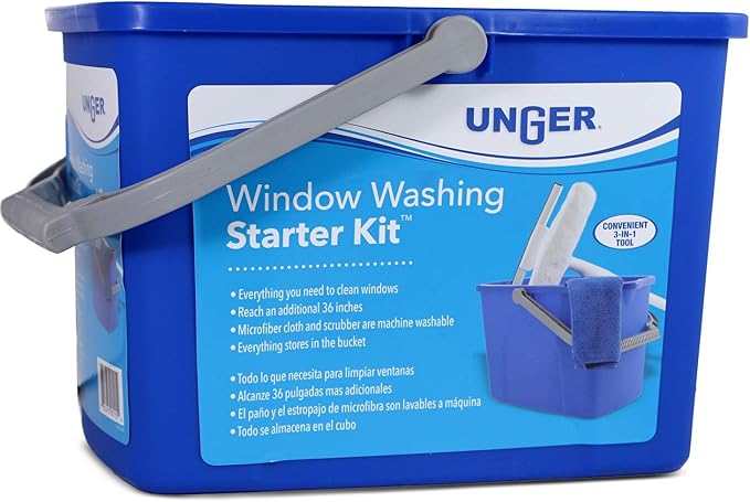 UNGER Window Washing Starter Kit with 2-in-1 10" Microfiber Combi, 3 ft Pole, Cloth, and Bucket + 32 oz Streak-Free EasyGlide Glass Cleaner Concentrate