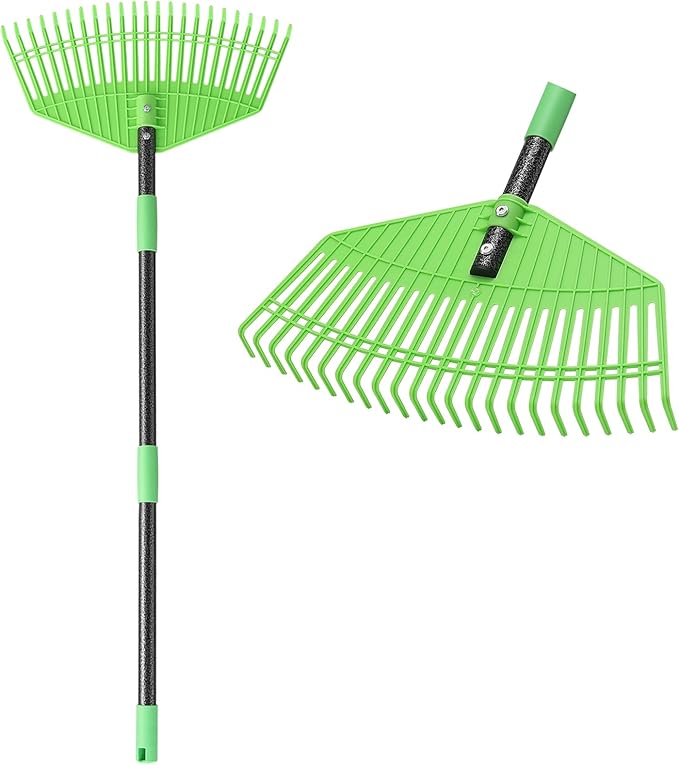 Plastic Rake for Leaves, 23 Tines 16" Wide Plastic Lawn Gravel Shrub Leaf Rake for Leaves and Grass, Thatch Garden Rakes for Yard Heavy Duty Long Handle 35-55"