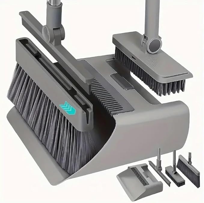 SDSM 4 in 1 Multifunctional Broom and Dustpan Combo Set, Heavy Duty Brooms with 52" Long Handle, with Squeegee and Cleaning Brush, for Clean Home Kitchen Bathroom Office, Sweeping indoor Outdoor Floor